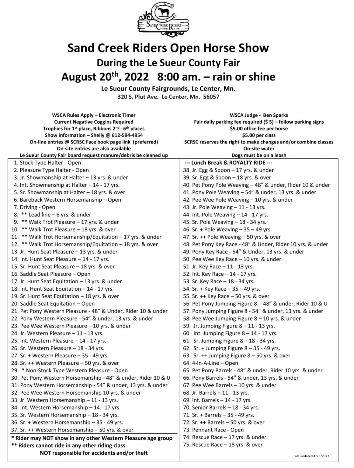 Sand Creek Riders Open Horse Show WSCA On Deck Site